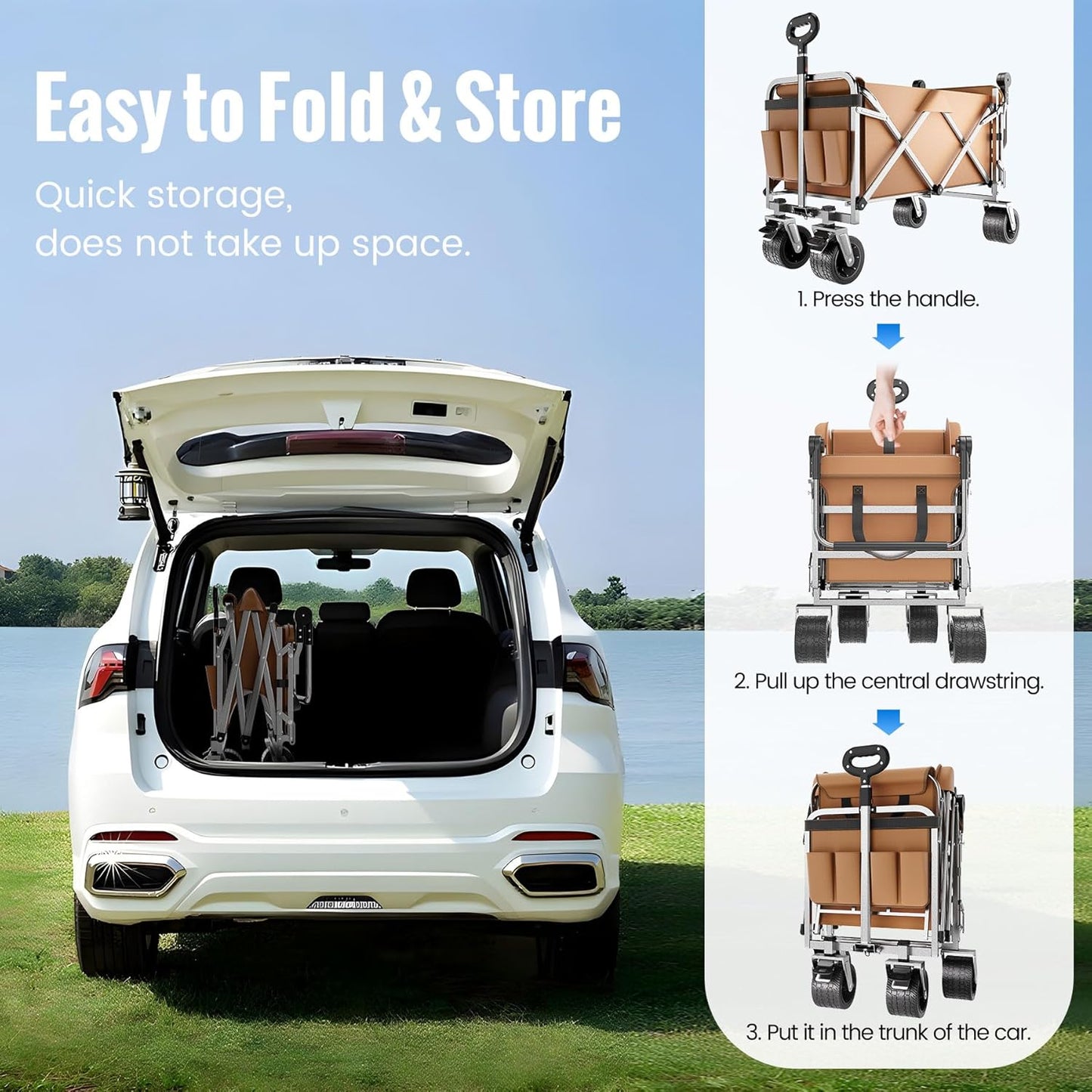 Upgraded 400L Large Capacity Folding Double Decker Wagon with Brakes（Black,54" Extra Long Extender Wagon Cart,660lbs Heavy Duty Collapsible Cart,All-Terrain Big Wheels for Camping,Shopping,Sport