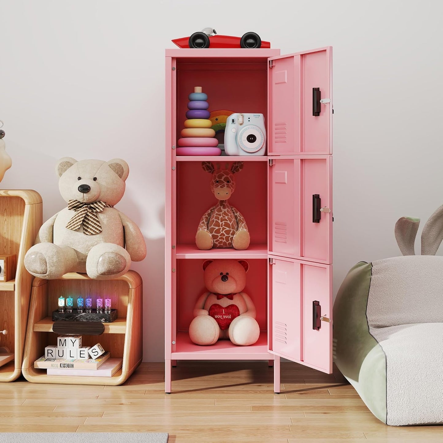 Metal Locker with Ventilation Holes, Metal Storage Cabinet with Lock and Card Slot for Home,School, Office, Garage,47.3" H x 15.8" W x 15.8" D,Assembly Required,Pink