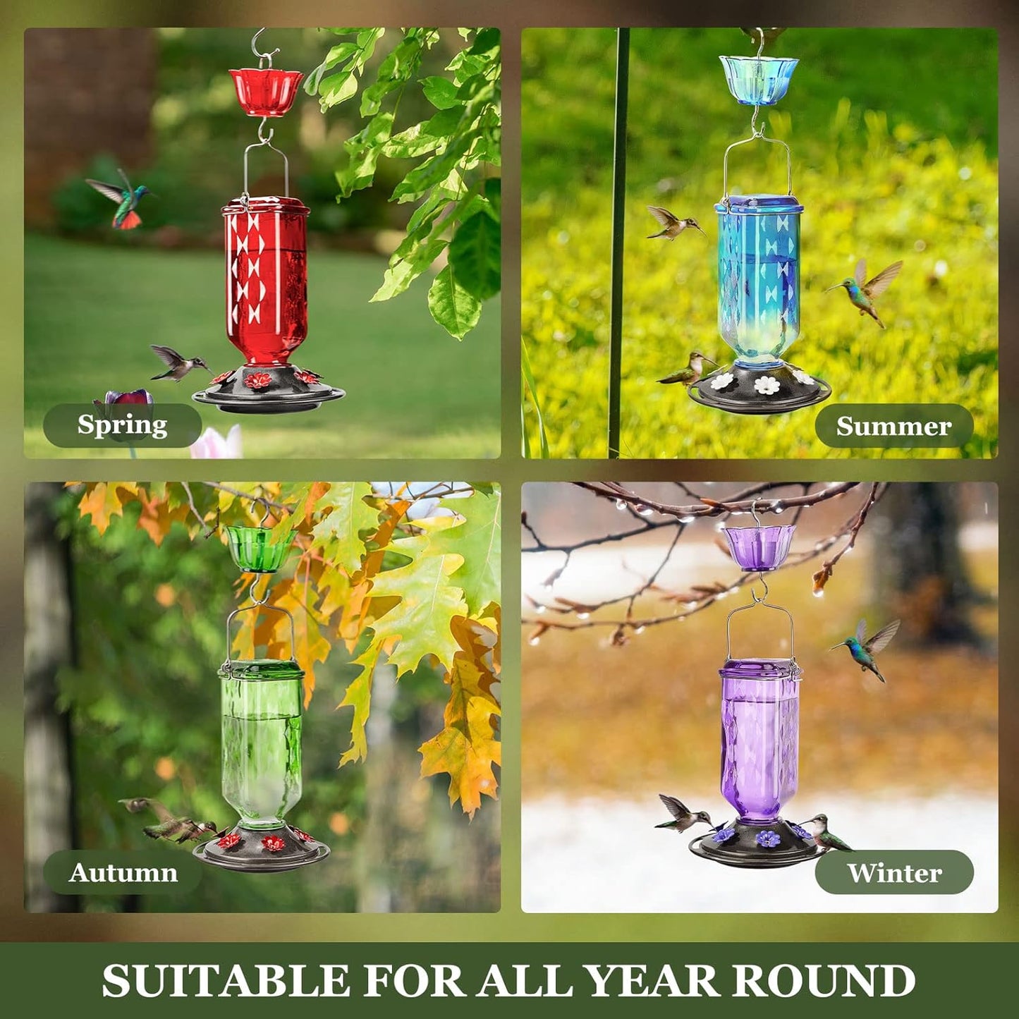 Kingsyard Glass Hummingbird Feeder for Outdoor Hanging, 24 Ounces, 6 Feeding Ports, Bird Nectar Feeder for Garden Décor, Ant Moat Included, Red
