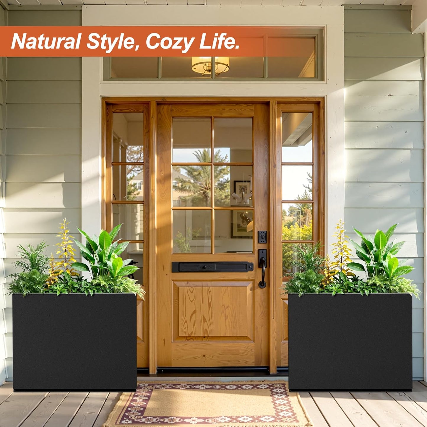 Metal Rectangular Planter for Outdoor Plants, Coated Large Planter Box with Drainage, Outdoor Patio PLanters with Sturdy Thickened Divider for Yard, Garden