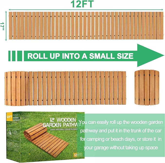 RELIANCER 12' Wooden Garden Pathway,Outdoor Roll Out Cedar Straight Walkway,Patio Path Decorative Garden Boardwalk Walkways,Weather-Resistant Roll Up Beach Wood Road Floor,Wedding Party Pathways