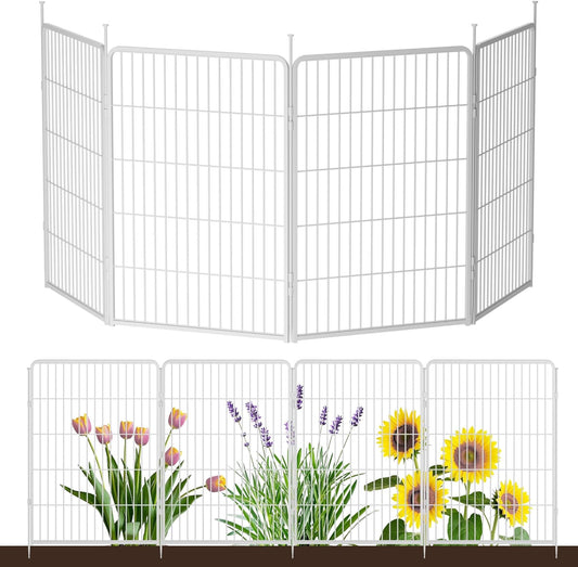 Doorless Garden Fence 40 in(H) x 8.9 ft(L) 4 Panels, Heavy Duty Metal Animal Barrier Fence, No Dig Fence for Dogs, Rabbit Fence for Garden, White