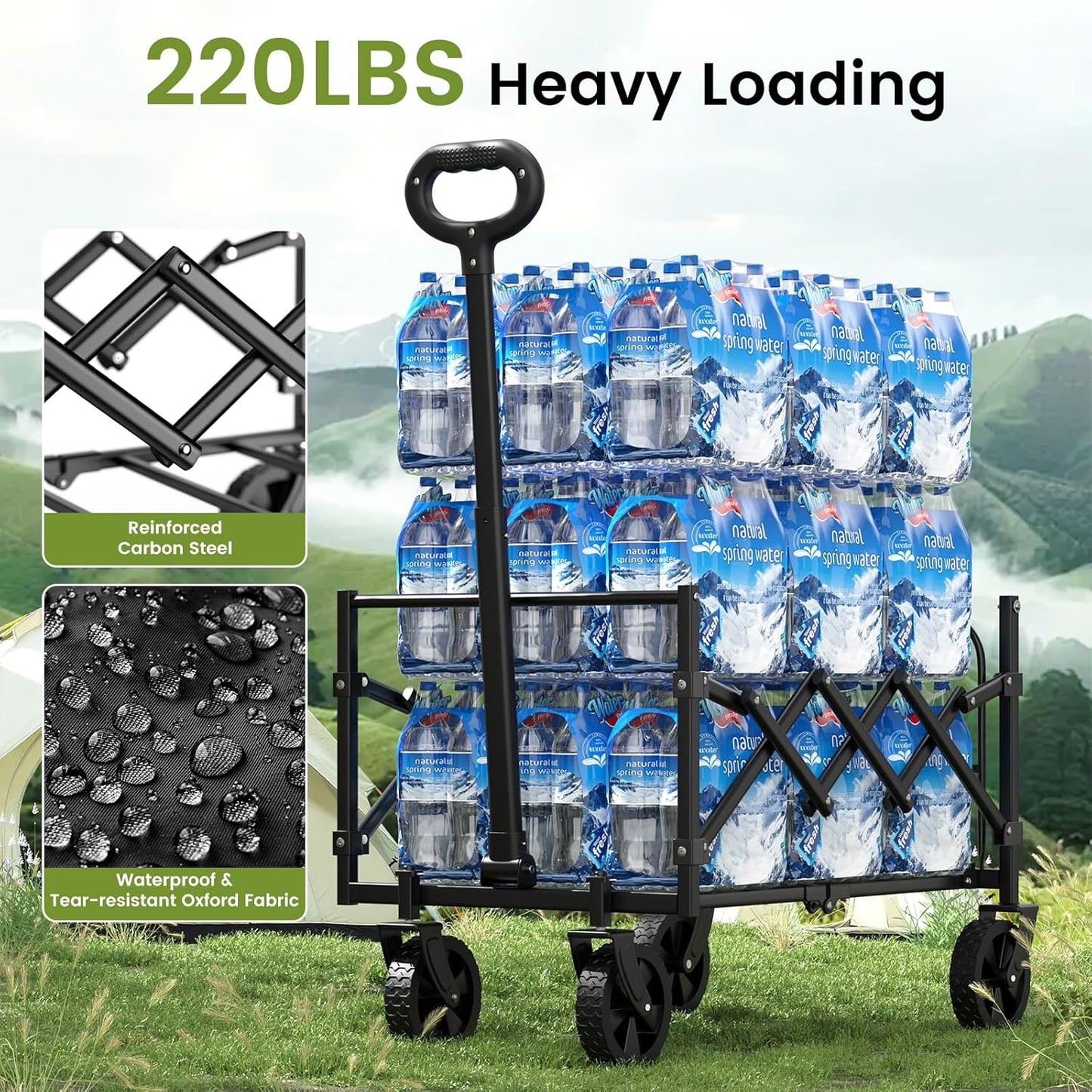 220LBS Foldable Wagon with All-Terrain Wheels, Portable Wagon Cart with Extended Tailgate, Adjustable Handle, Utility Cart for Camping, Shopping, Garden, Sports, Grocery, Black