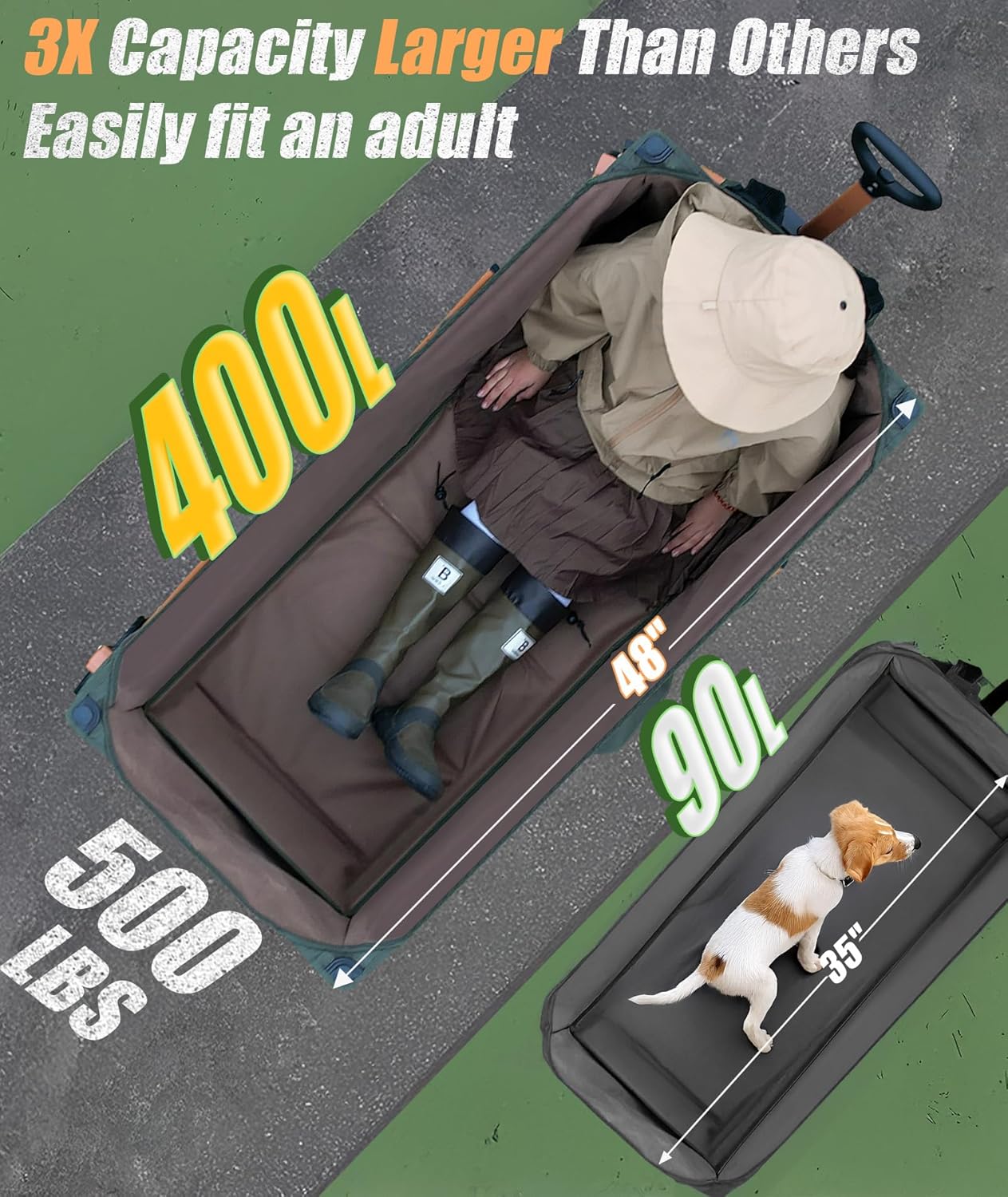 48”L Foldable Wagons Carts Extended, Collapsible Folding Wagon 500lbs Heavy Duty, 320L Large Beach Wagon, Utility Wagon with All Terrain Big Wheels for Sports, Camping, Grocery, Garden, Green