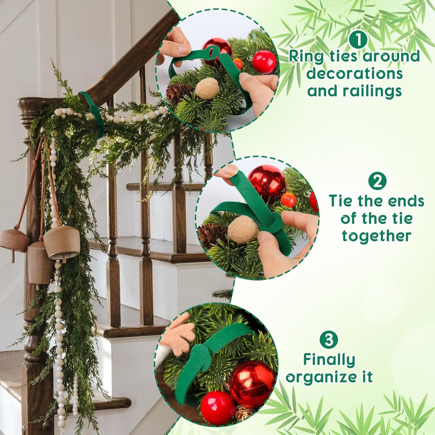 80 Pcs 16 Inch Christmas Garland Ties Green Adjustable Holiday Banister Ties Reusable Fastener Strap Nylon Garden Plant Cable Strap Christmas Tree Wreath Hook Loop Organizer for Home Office