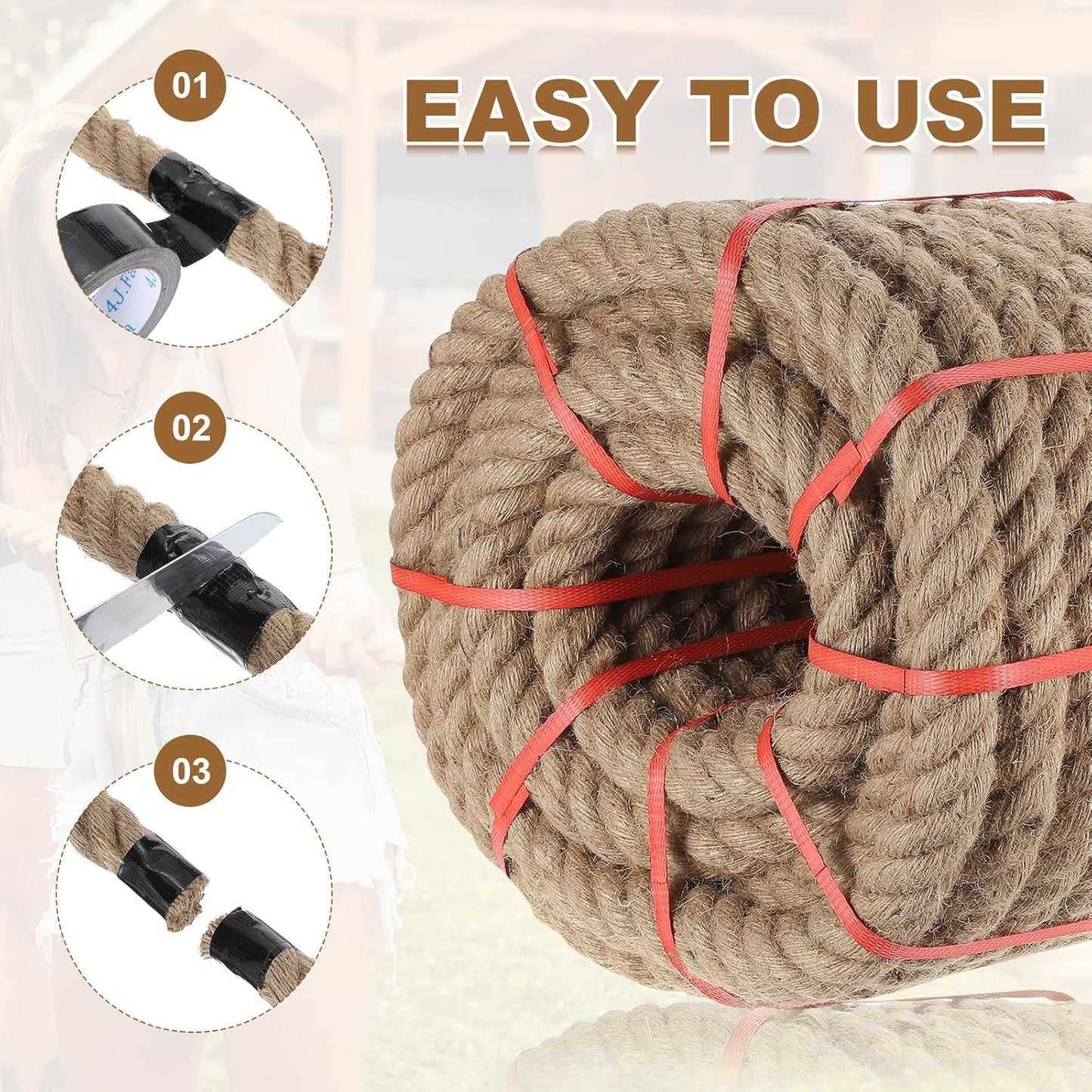 MECCANIXITY Jute Rope 1.2 Inch x 44ft, Thick Twine Rope Ropes Braided Jute Twine Natural Brown Burlap Cord String Heavy Twisted with Tapes for Decorative Crafts Railing Swing Tug of War