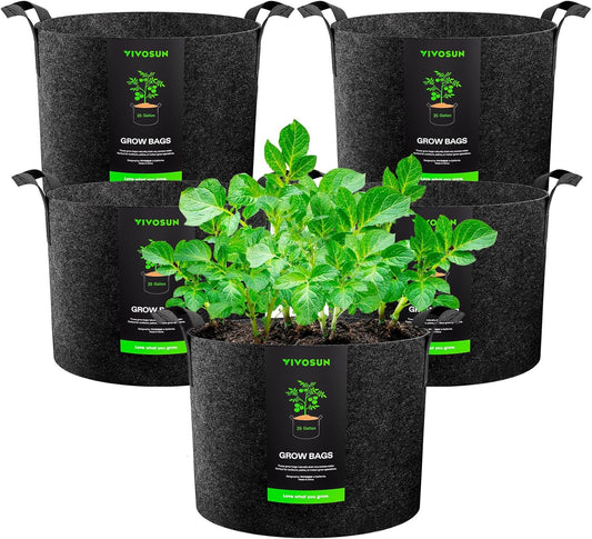 VIVOSUN 5-Pack 25 Gallon Plant Grow Bags, Heavy Duty Thickened Nonwoven Fabric Pots with Handles