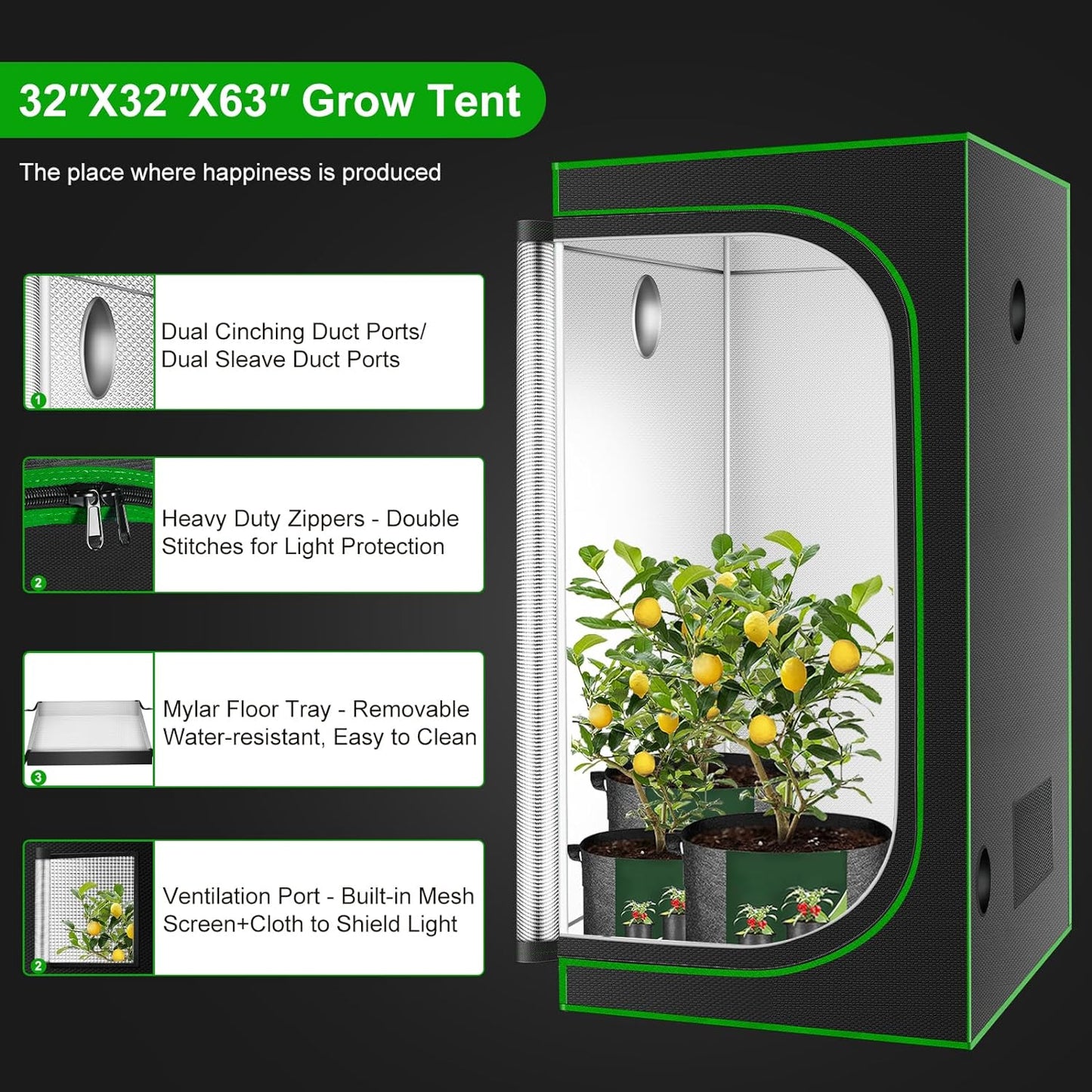 MELONFARM 32"x32"x63'' Grow Tent, High Reflective 600D Diamond Mylar Canvas with Observation Window and Floor Tray for Hydroponic Indoor Plant Growing