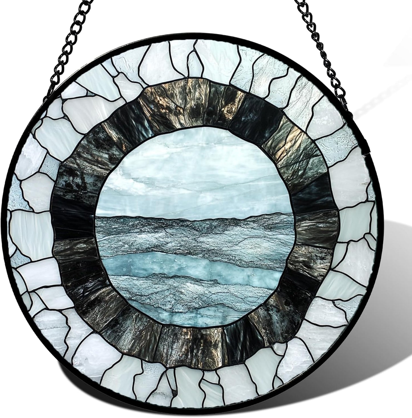Stained Glass Window Hanging - Abstract Sea Surface Suncatcher for Doors Garden Patio Round Sun Catchers Decor Christmas Mother's Day Birthday Gifts for Women Men Mom Nana Friend 15 in