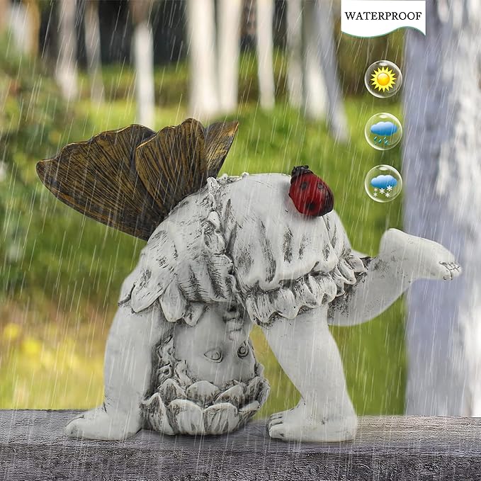 Garden Flower Fairy Outdoor Solar Decor, Resin Ornaments for Patio Lawn Yard Porch, Playful Garden Statue for Outside Angel Gifts, 8.98 Inches Tall