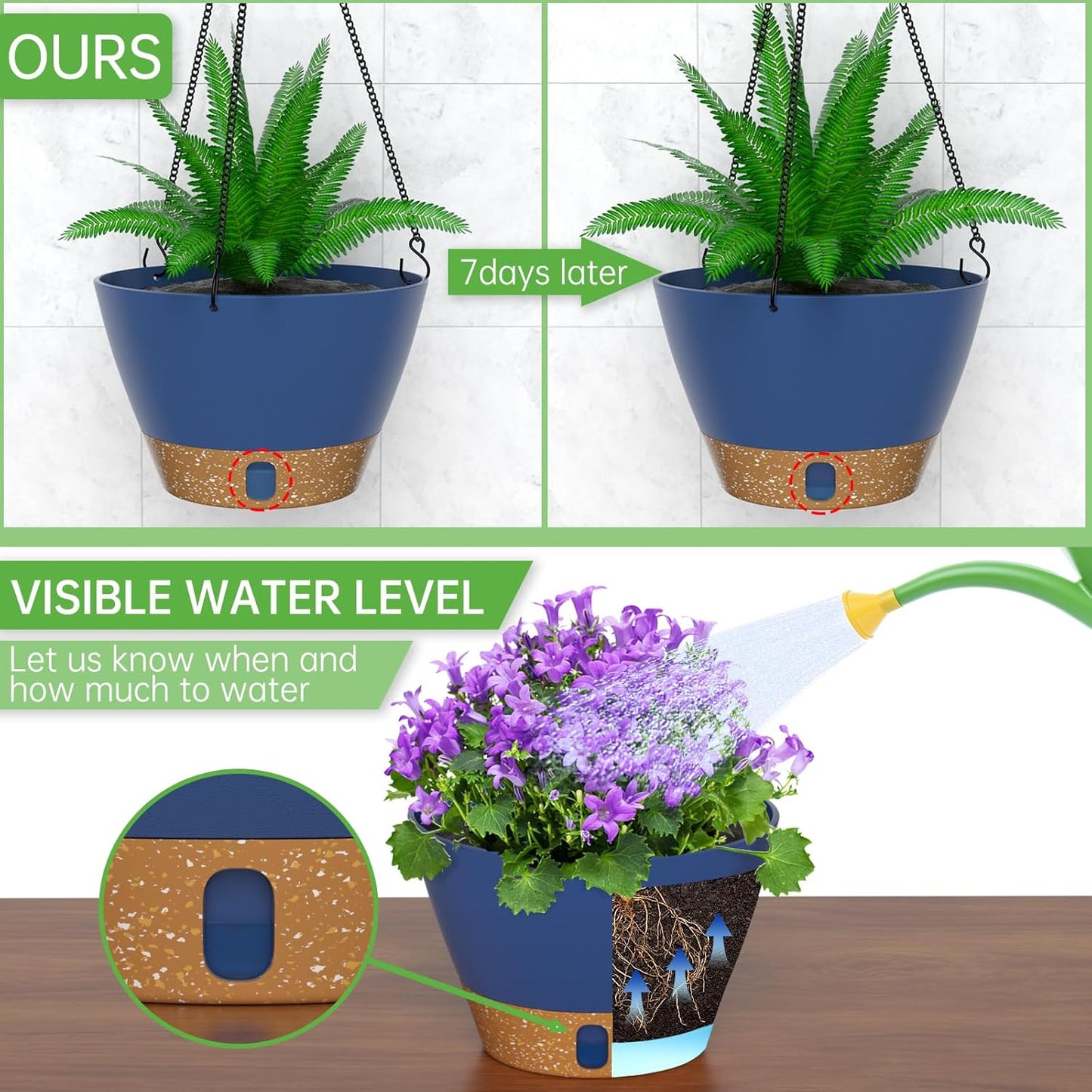 ZMTECH 2 Pack 10 Inch Hanging Planters for Outdoor Plants, Hanging Pots for Plants Indoor with Visible Water Level, Hanging Flower Basket with Drainage Holes & Removable Tray(Blue)
