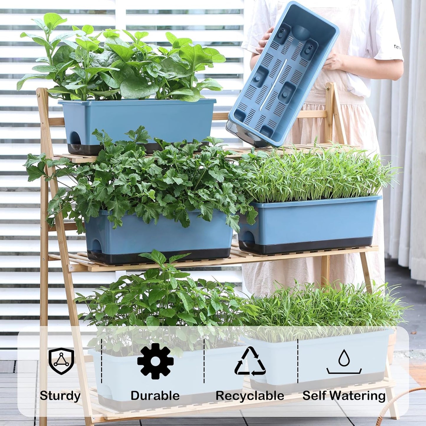 Window Box Planter 8 Pcs, 17 Inches Rectangle Flower Pots with Drainage Holes and Trays, Vegetable Planters for Windowsill Patio Garden Balcony Home Porch Yard Indoor Outdoor (Blue)