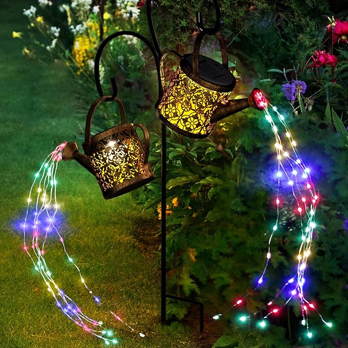 MEREAR Solar Watering Can Lights Outdoor with 8 Multi-Color Changing Modes, IP65 Waterproof Landscape Light Garden Decor, One Pole Two Lights Outside Decorations for Lawn, Backyard, Patio, Chrismas