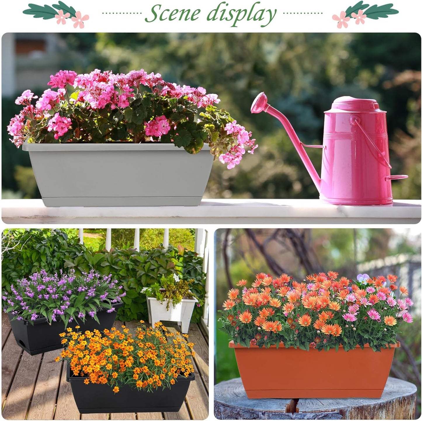 12Pcs 17Inches Rectangle Planter Box with Drainage Holes and Trays Plastic Planters Flower Boxes Pots for Indoor Outdoor Plants Patio Garden Home Decor Porch Yard (Gray)