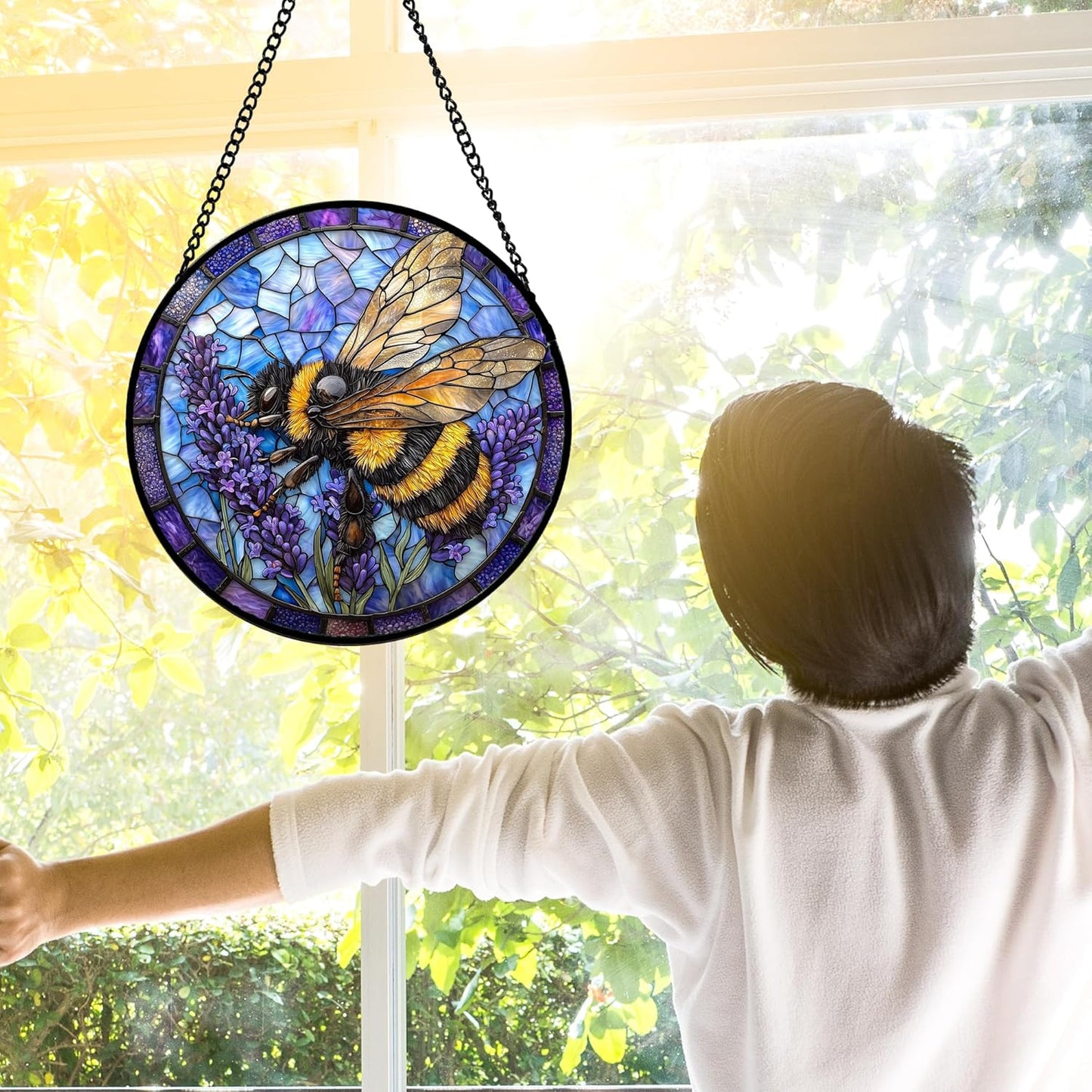 Stained Glass Window Hanging, Bee Lavender Sun Catchers Diamond Glass Panel Hangings Insect Suncatcher Decor for Birthday for Women, Men, Wife, Aunt, and Mom 11.8x11.8 in