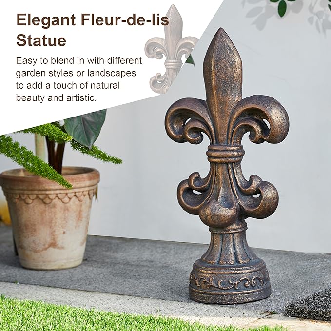 Glitzhome Fleur De Lis Garden Statue MGO Outdoor Decration, 21.25" H, Bronze