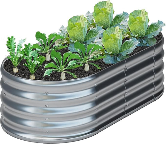 KFN 4x1.8x1FT Galvanized Raised Garden Bed,Raised Garden Bed Kit-Oval Metal Vegetable Box,Large Planter Flower Boxes Outdoor,Planting for Vegetables,Flower,Herb,Sliver,0.7mm