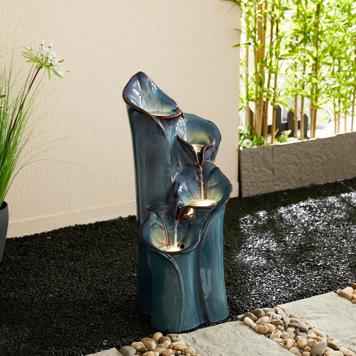 Glitzhome 31.25" H Outdoor Water Fountain with LED Lights and Pump, 4 Tier Turquoise Lotus Leaf Textured Ceramic Floor Standing Fountain, Vase Waterfall Fountains for Porch Deck Garden Patio Backyard
