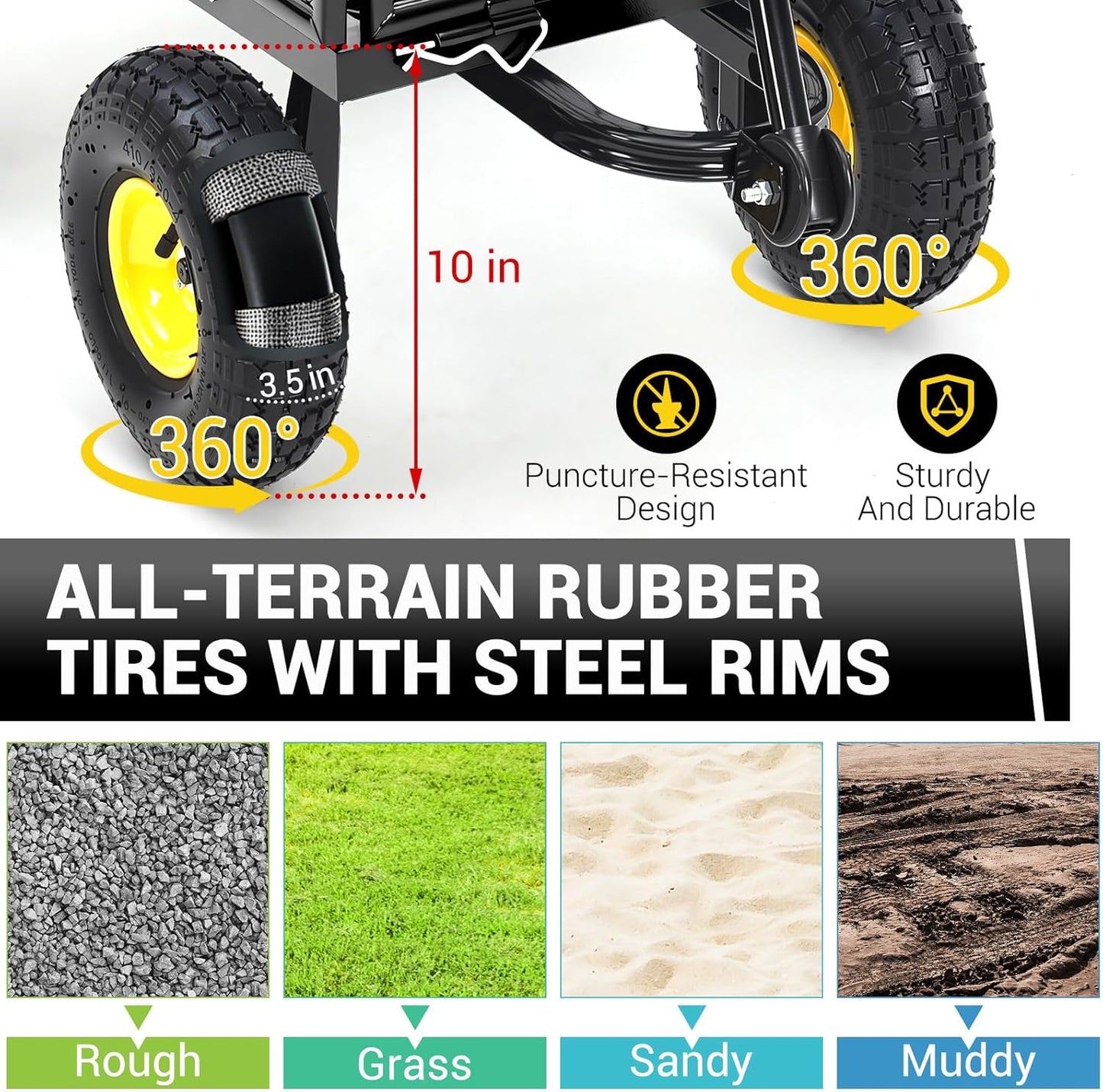 Steel Garden Cart on Wheels, 880LBS Pullable Metal Garden Wagon, 180° Rotating Handle and Removable Sides for Outdoor, Farm, Yard, Beach