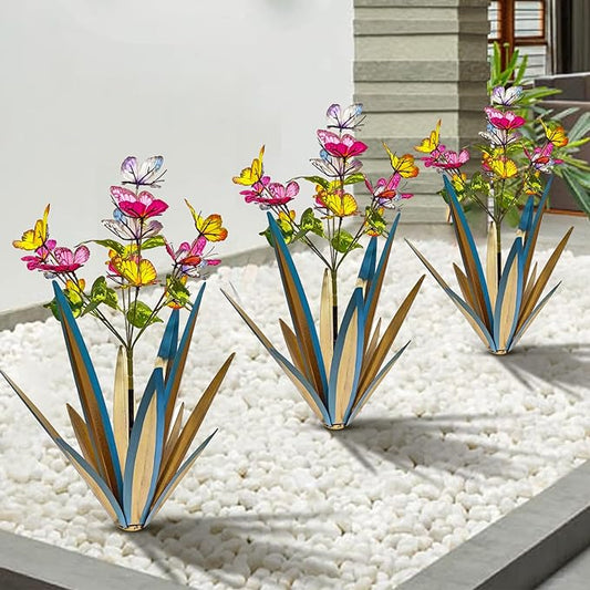 Garden Outdoor Butterfly Enlarge Thickened Wind Resistant Metal Agave Garden Art Metal Plant Country Sculpture Statue Decorations Ornaments Artificial Waterproof Butterflies (Blue 3pcs)