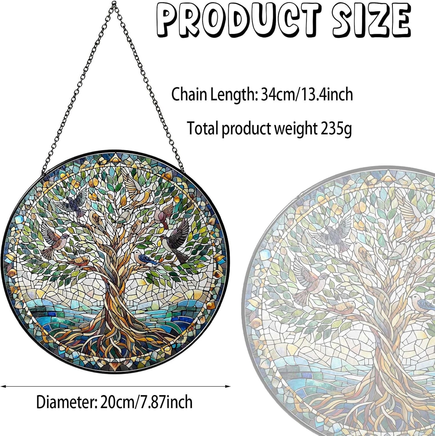 Tree of Life with Birds Sun Catcher RVEAFA Stained Glass Window Hanging Birds Lover Gifts for Women Wall Decor Handmade Sun Catcher Decoration for Garden Home Housewarming Gifts（20 * 20cm