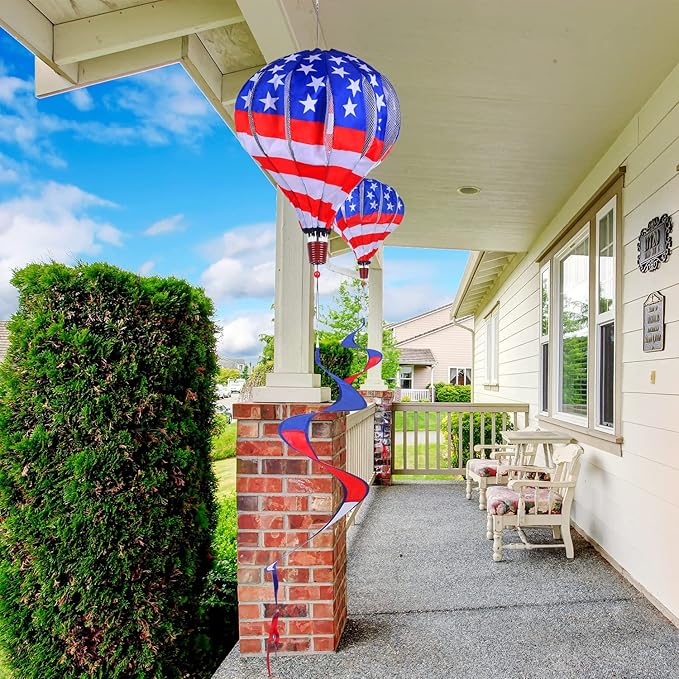 BATTIFE 2Pcs Patriotic Hot Air Balloon Wind Spinner, American Flag Kinetic Wind Twister with Tail, Outdoor Spiral Windmill Garden Yard, 4th of July Hanging Decoration