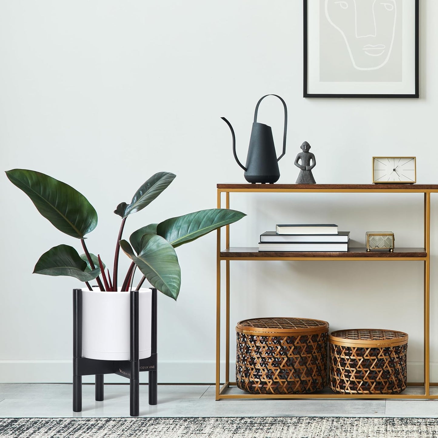 D'vine Dev Planter Pot with Stand - 8 Inch Plastic Cylinder Flower Pot with Wood Planter Holder for Indoor, Matte White Pot + Ebony Stand, 55-C-K-1