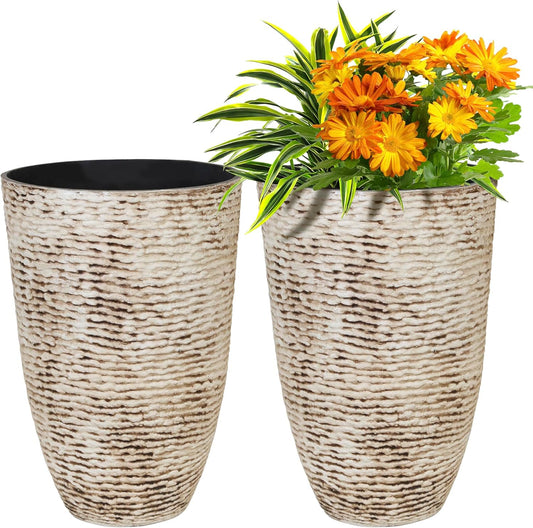 KOL 2-Pack 21in. Tall Plastic Planter - Large Round Tapered Plant Pots with Textured Finish - Beige Imitation Stone Looking Flower Pots for Indoor & Outdoor Plants - Lightweight and Durable