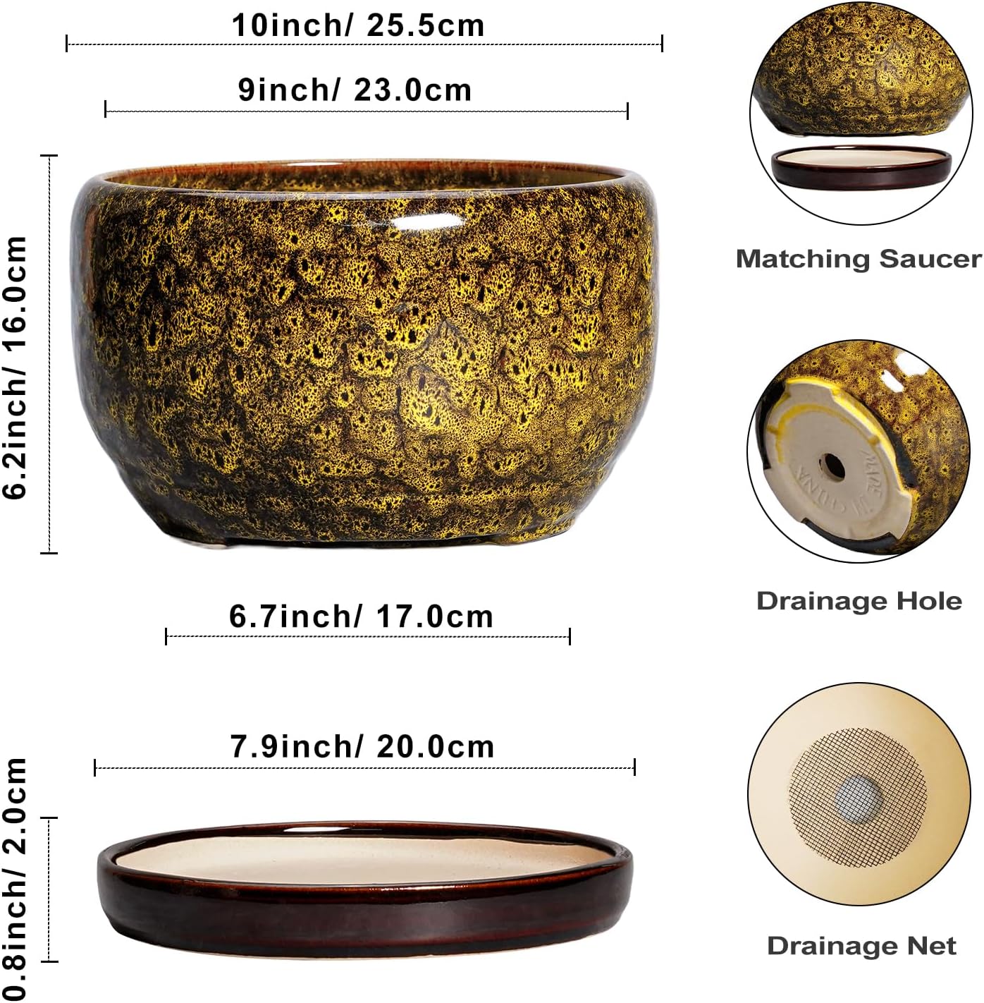 SQOWL 10 Inch Plant Pot - Ceramic Flower Pots with Drainage Hole and Saucer, Ceramic Planter for Indoor Plants Outdoor, Decorative Round Large Planter, House Decor, Gifts for Women Men, Yellow