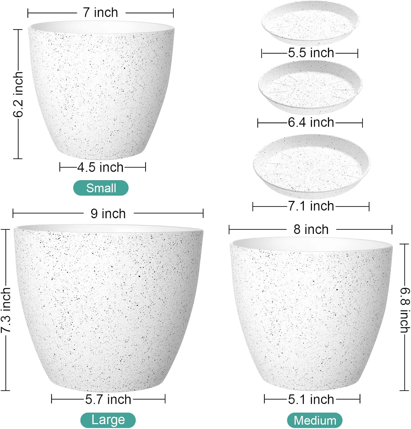 Vanavazon Plant Pots 9/8/7 Inch Set of 3 Flower Pots Indoor Outdoor Plastic Planters with Drainage Hole and Tray (Speckled White)