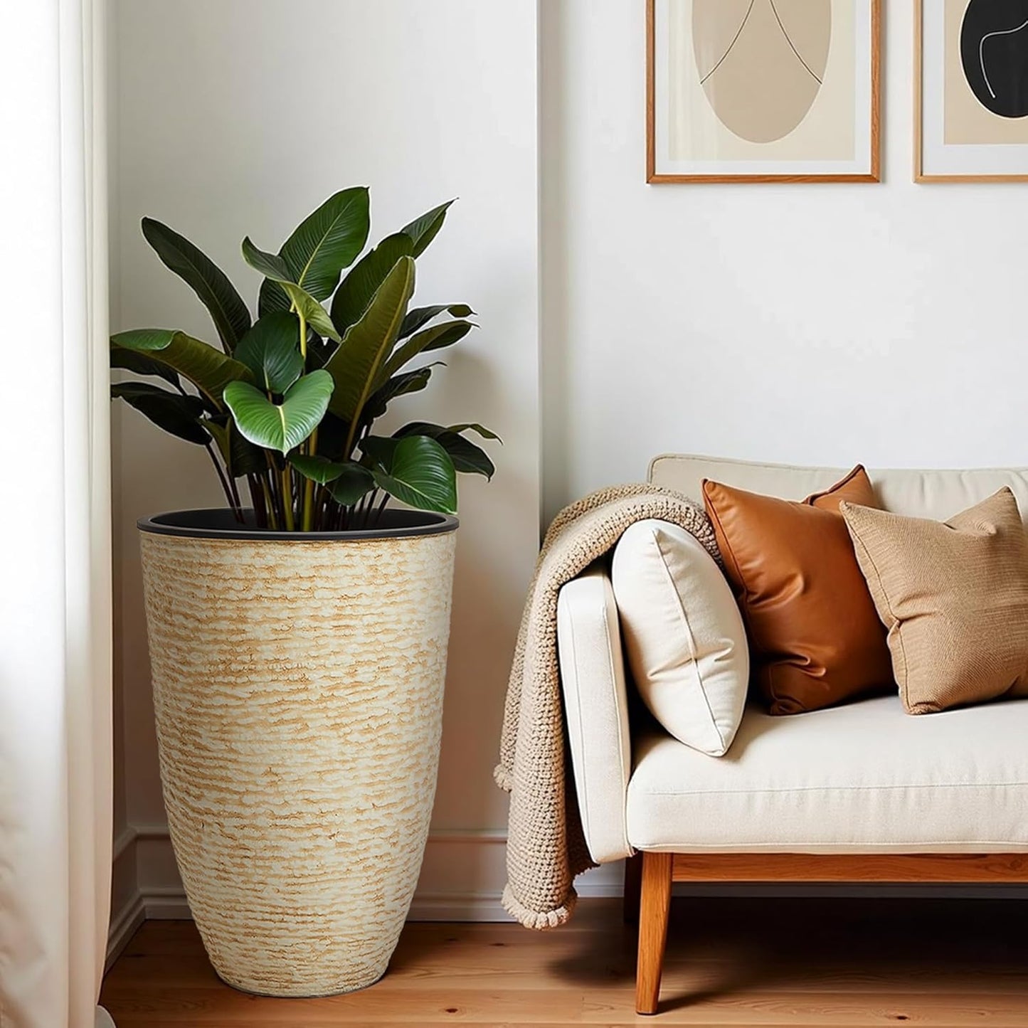 WORTH Garden 2-Pack 21" H. Beige Tall Planters with Inside Pots - 14'' Dia Plastic Large Round Plant Tree Pots - Decorative Imitation Stone Finish for Indoor Outdoor Front Porch Container Patio