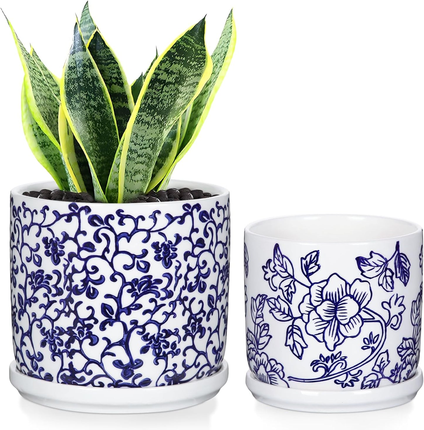 Set of 2 Blue and White Ceramic Plant Pots with Drainage Hole and Saucers, Retro Blue Porcelain Flowers Round Planters for Succulent Cactus Indoor Outdoor Garden Home Desktop Decor, 4.5+5.5 Inch