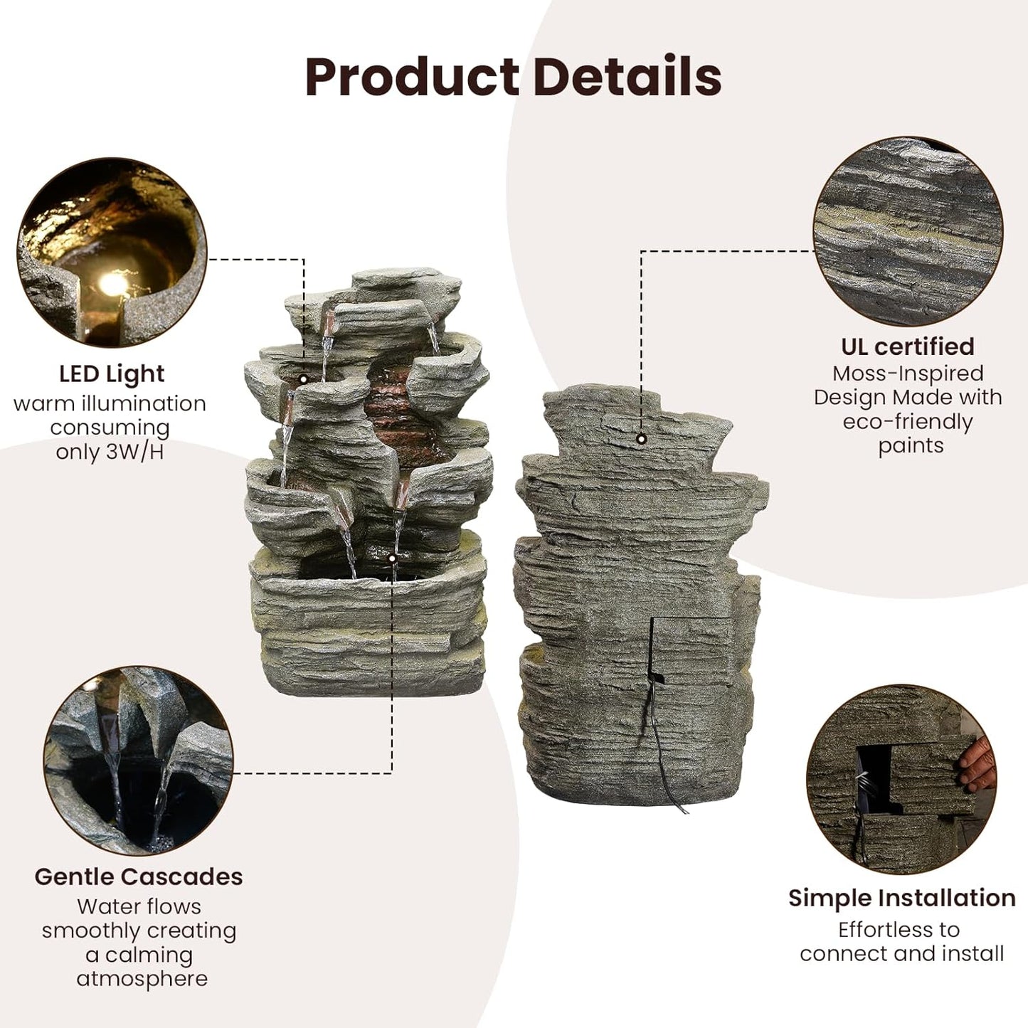 6-Tier Solar Water Fountain Outdoor, 24.4" H Cascading Rock Feature Garden Fountains and Waterfalls with Light, Pump, Solar Panel for The Patio, Deck, Porch, Backyard Home Décor, Stone Gray