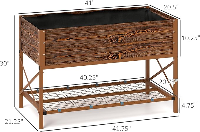 Outsunny Raised Garden Bed with Galvanized Steel Frame, Storage Shelf and Bed Liner, Elevated Planter Box with Legs for Vegetables, Flowers, Herbs, Dark Brown