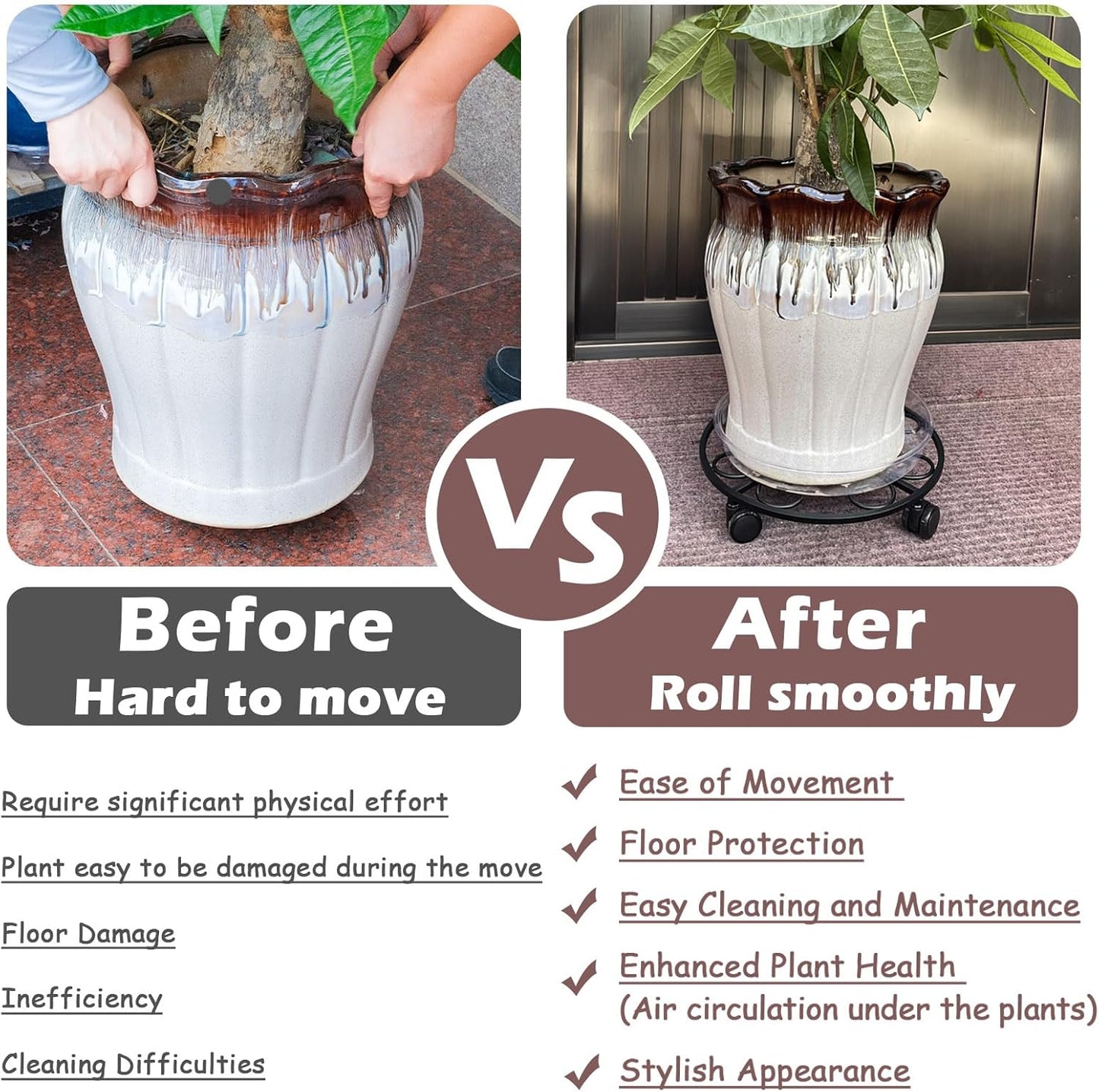 6-pack 15.8 inches Extra-large Metal Plant Caddy with Wheels Rolling Plant Stands Wheeled Plant Dolly Coasters Heavy-duty Pot Mover Roller Base Indoor Outdoor Garden Planter Trolley Cart, Black