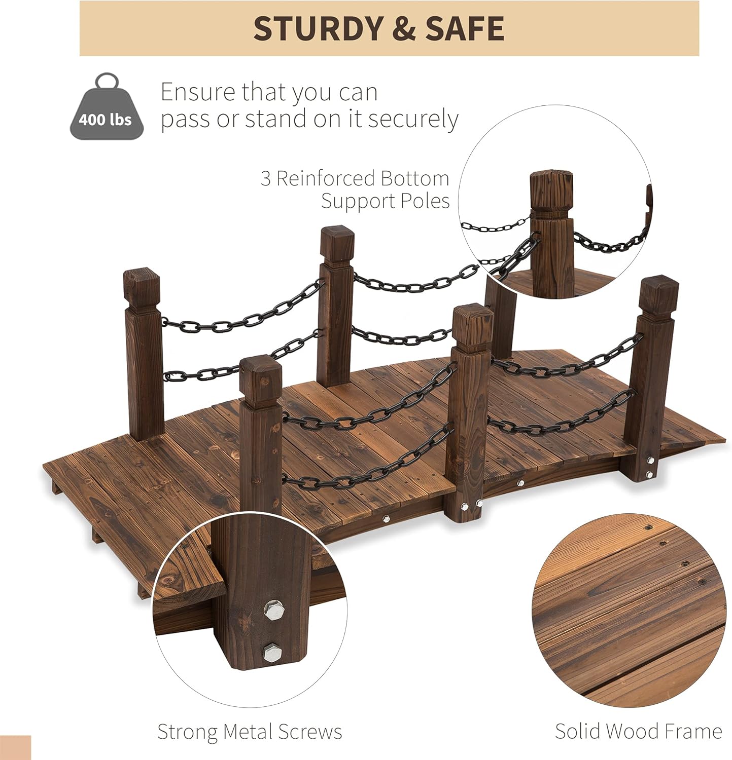 Outsunny 5 ft Wooden Garden Bridge Arc Footbridge with Metal Chain Railings & Solid Fir Construction, Carbonized