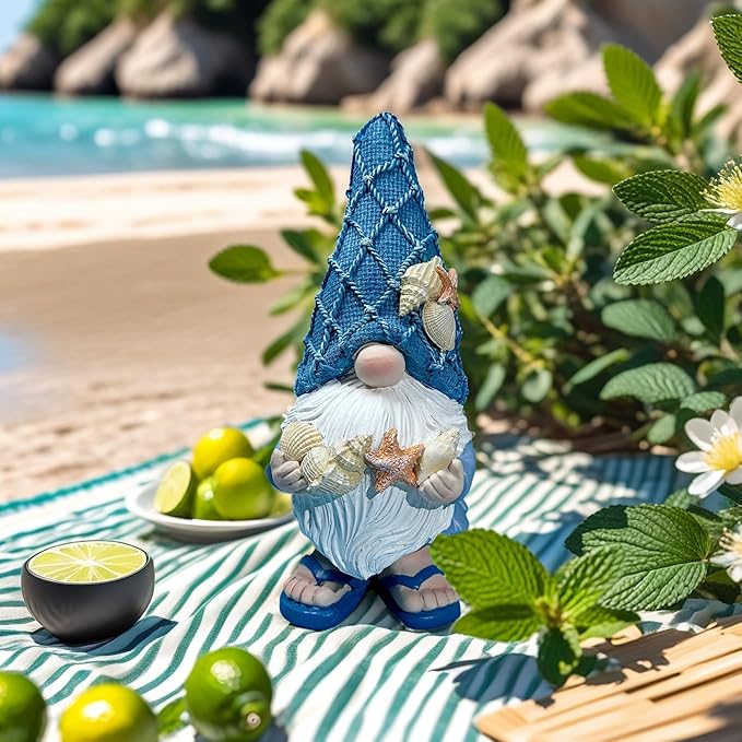 Outdoor Garden Sea Gnome Statue Decoration Indoor Outdoor Resin Beach Gnome Sculpture for Home Office Desktop Bathroom, Summer Pool Decoration Outdoor Gifts (Holding a Shell)