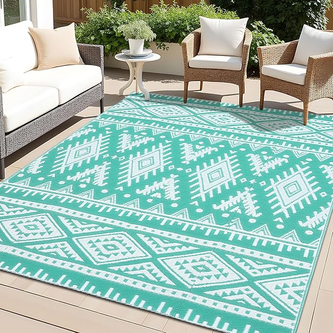 OLANLY Outdoor Rug Waterproof 5x8 ft, Reversible Outdoor Plastic Straw Rug, Boho Patio Rug, Indoor Outdoor Carpet, RV Mat Outside for Patio, Camp, Picnic, Balcony, Deck, Backyard, Turquoise & White