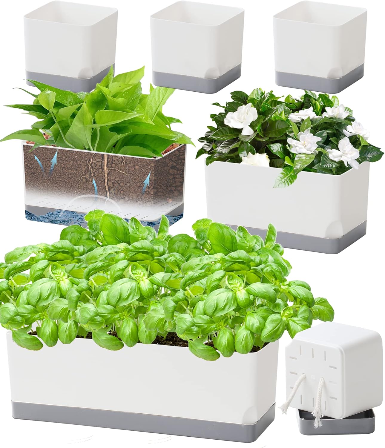 Self Watering Planters Pots for Indoor Plants, 7 Pack Plastic Planter Box Flower Pots for Indoor Outdoor Plants, Rectangle Herb Planter Window Boxes Planterswith Drainage, Light Gray Tray