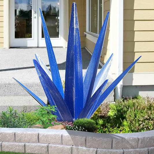 Large Tequila Rustic Sculpture, Rustic Metal Agave Plants for Outdoor Patio Yard, Home Decor Hand Painted Metal Agave Garden Yard Statue, Outdoor Lawn Ornaments Yard Stakes (Dark Blue - M)