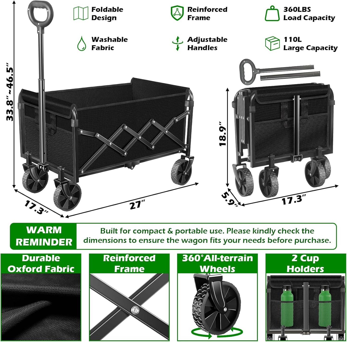 Collapsible Wagons Carts Foldable Wagon, Foldable Wagon Cart with Wheels, Folding Wagons for Beach Camp Sports Garden, 2 Cup Holders/Lightweight Portable/Black/360 LBS