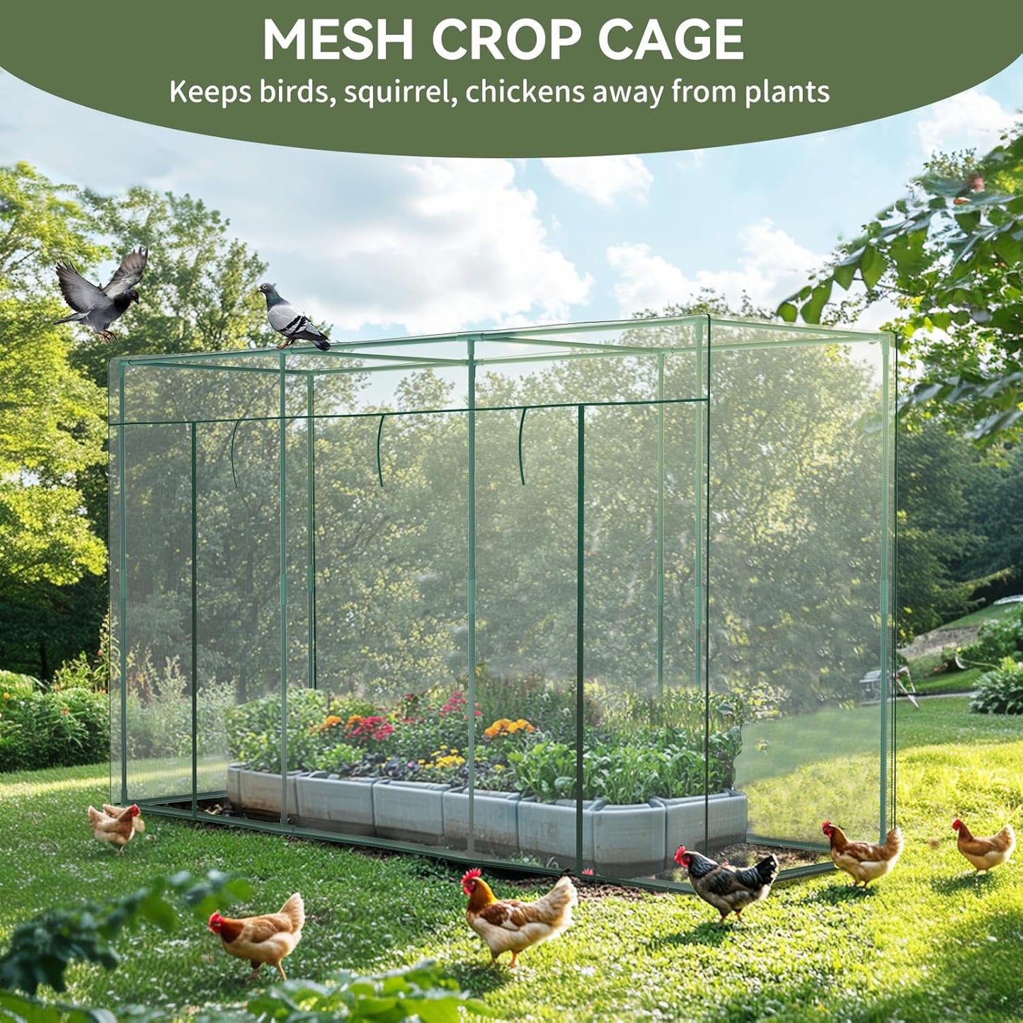 Crop Cages for Garden Plant, 9.8x3.3x6 Ft Plant Protection Tent with Zippered Door, Raised Bed Cover, Garden Bed Cover with Frame, Wind-Resistant Plant Cages for Outdoor Plants Vegetable Flower