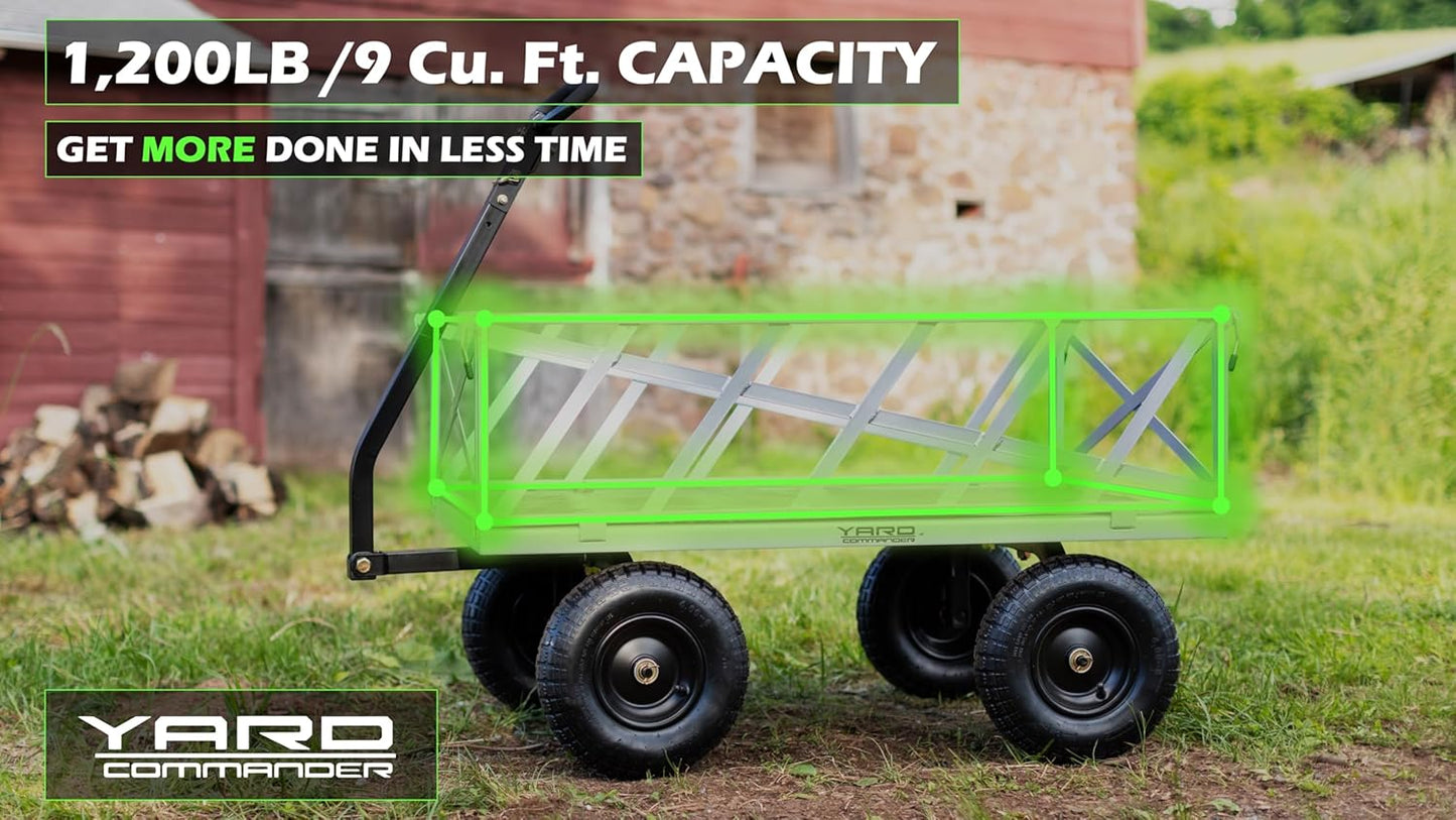 Yard Commander - Heavy Duty 1200lb Steel All Terrain Utility Cart, Garden Wagon, 9 cu ft Bed, Easy Assembly, Removable Side Panels, 45° Dump Angle, 2-in-1 Convertible Handle for Towing