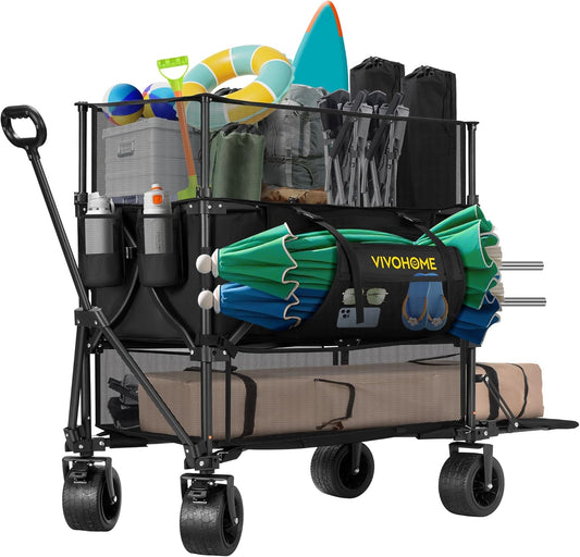 VIVOHOME 500L Large Capacity Double Decker Collapsible Wagon 500lbs Heavy Duty Utility Folding Cart with Big Wheels 53" Extended for Camping, Sports