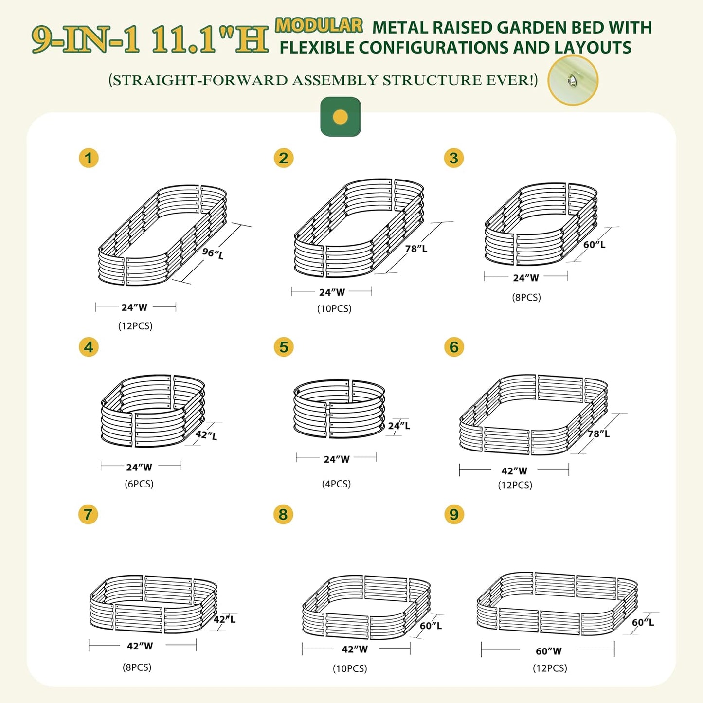 MUPATER 8x2x1 ft Raised Garden Bed Outdoor for Vegetables, 9-in-1 Galvanized Metal Planter Box, 11.1" H Modular Garden Bed Kit Oval for Herbs and Flowers, Grey