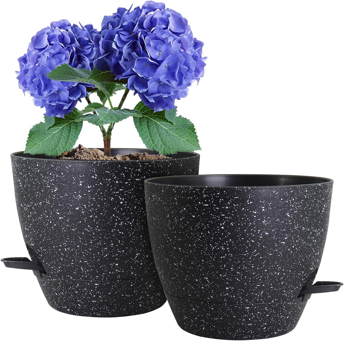 10 inch Self Watering Pots, Planter, Plant Pots with Mesh Drainage Holes for Indoor Outdoor House Plants and Garden, Pack of 2 Plastic Flower Pots with Deep Reservoir, Speckled Black