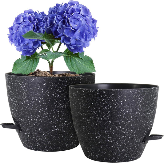 10 inch Self Watering Pots, Planter, Plant Pots with Mesh Drainage Holes for Indoor Outdoor House Plants and Garden, Pack of 2 Plastic Flower Pots with Deep Reservoir, Speckled Black