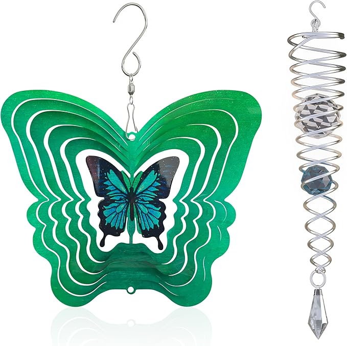 ISEO Butterfly Wind Spinner and Gazing Ball Set, Metal Wind Spinner Garden Decor, Hanging Garden Decorations, Weather-Resistant Outdoor Wind Spinners, 6.5" Spinner Garden Décor