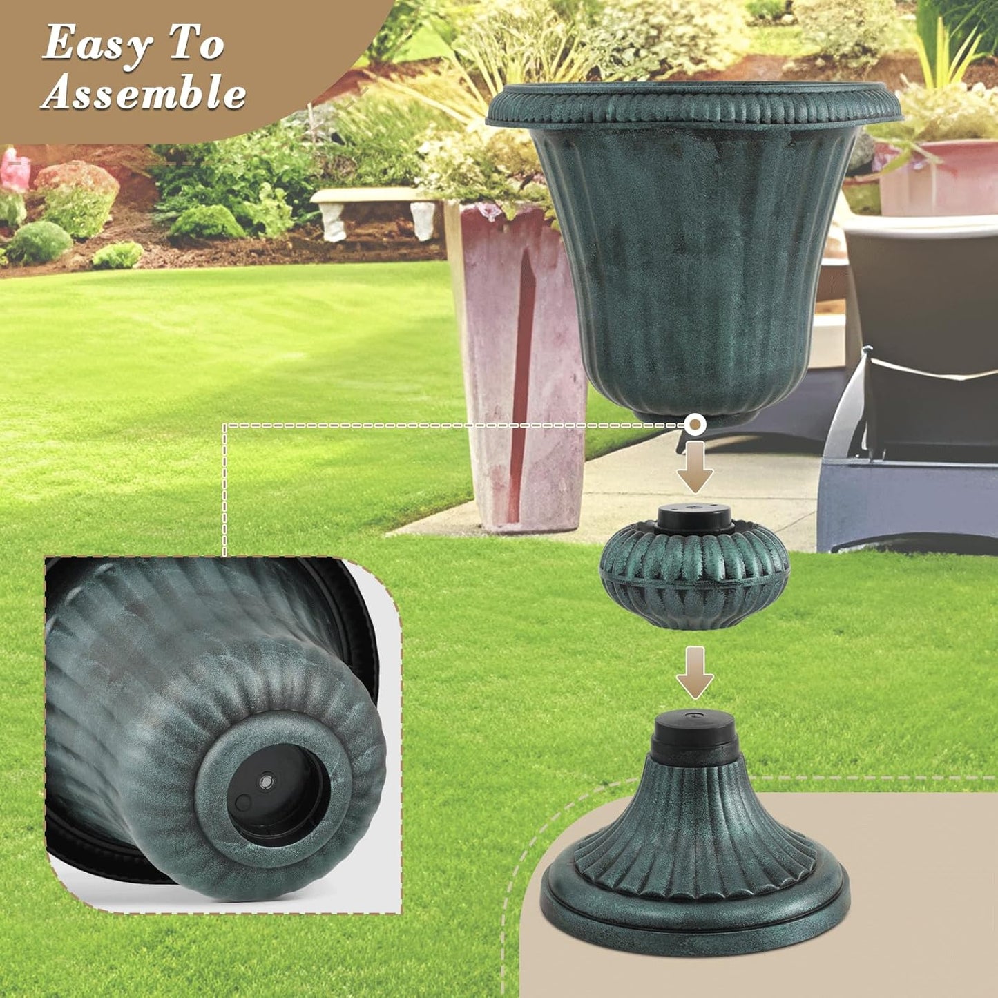 Athena Collection 20''H Bronze Garden Plastic Urn - Vintage Tall Large Planter for Indoor Outdoor Patio Porch, 2 Pieces Flower Pot, Dark Green