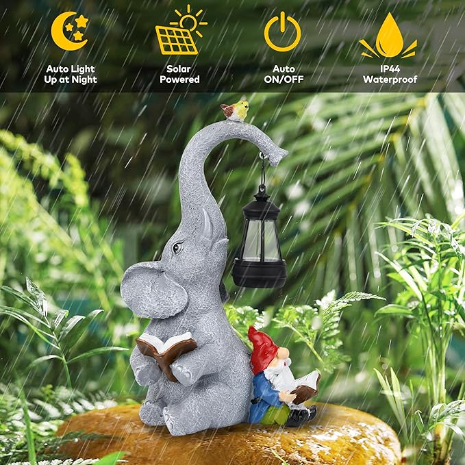 Solar Outdoor Garden Statues Lights, Elephant Figurines with Cute Gnome Garden Sculpture Decor, Luck Elephant Gifts for Woman Mother or Daughter, Unique Housewarming Gifts and Yard Decor